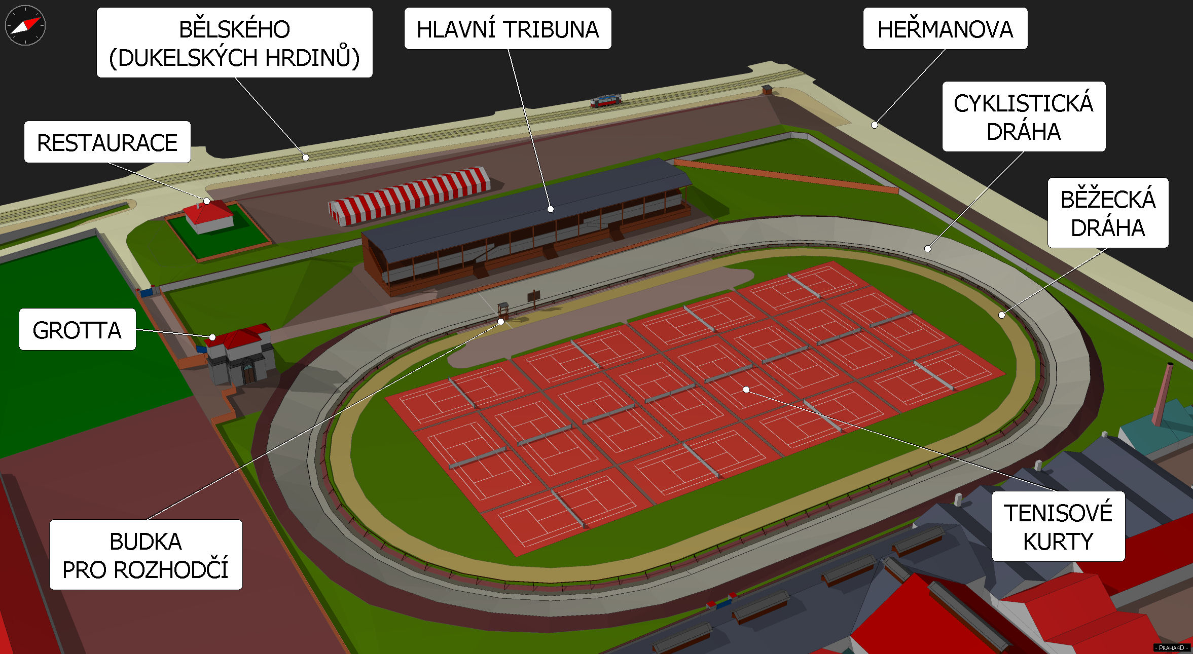 Staré Bubny v roce 1904. Velodrom s klopenou dráhou a kurty uprostřed. Pohled od jihovýchodu.